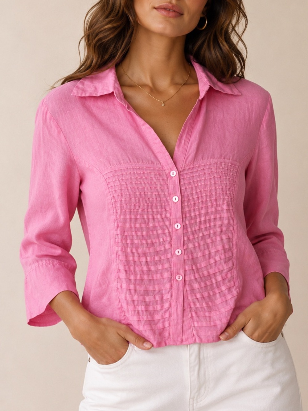Tracy M 100% Linen Button-Front Pintuck Shirt Size M Pink Elegant Classy